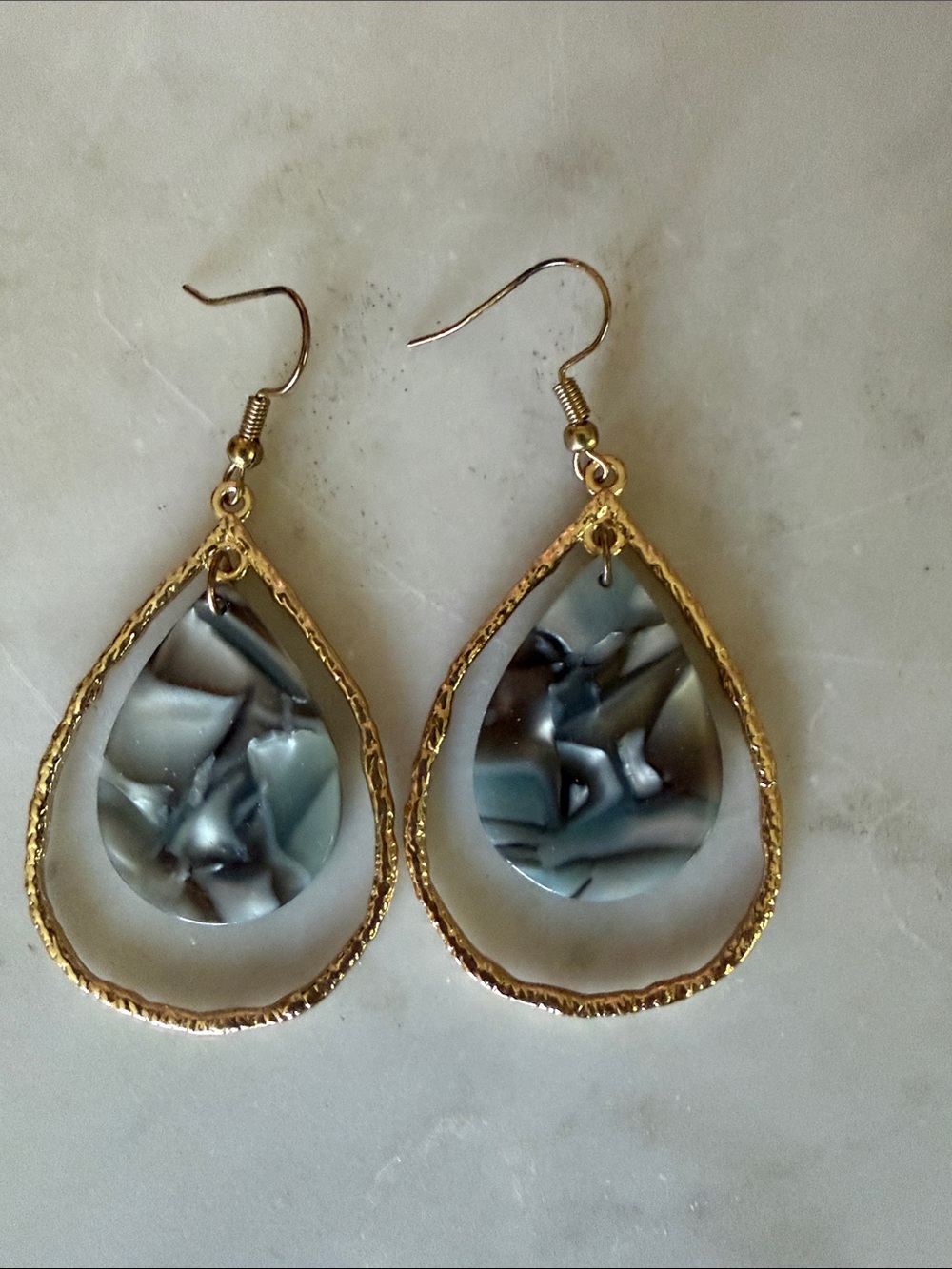 Gold Teardrop Earrings with Gray Marbled Inlay
